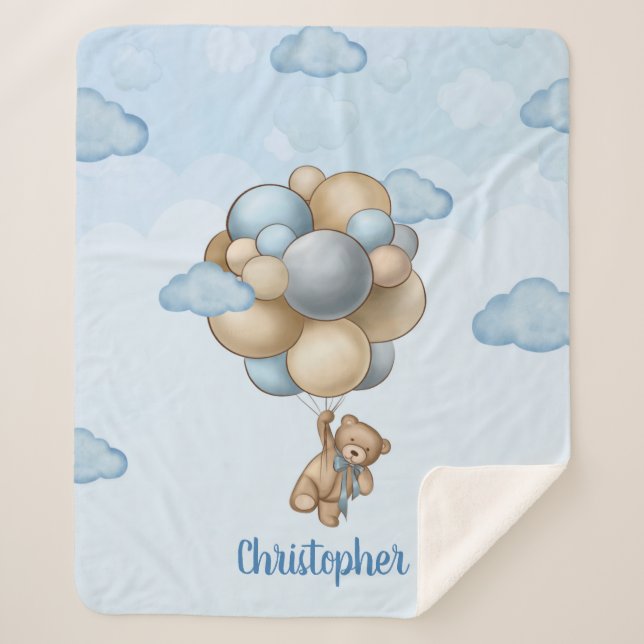 Couverture Sherpa Ballons beiges bleu brun brun en teddy personnalis (Devant)