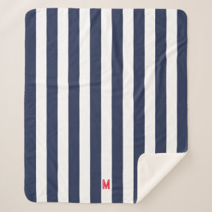 Couverture Sherpa Bande de cabane marine et monogramme rouge personn