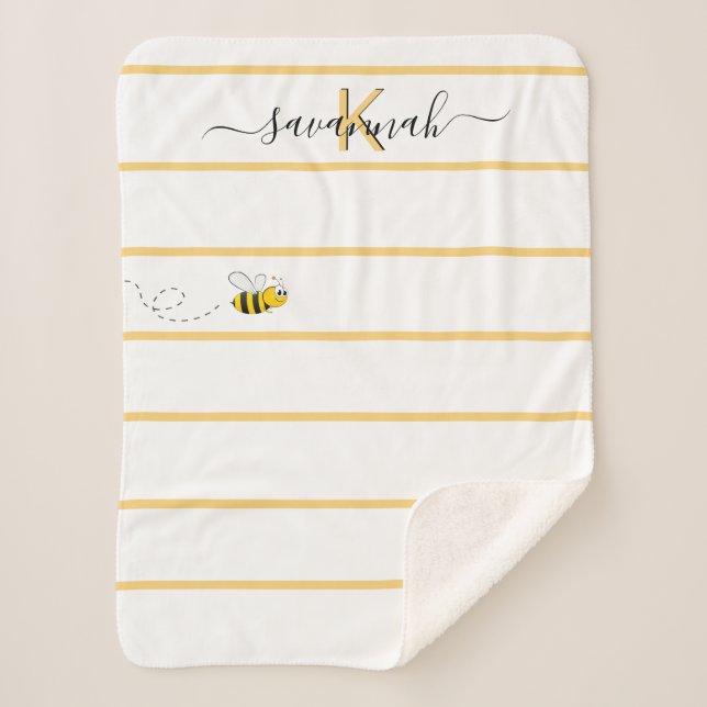 Couverture Sherpa Bandes blanches jaunes jolies abeilles script mono (Devant)