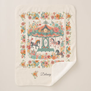 Couverture Sherpa Beau Carrousel Floral Cheval Monogramme Personnali