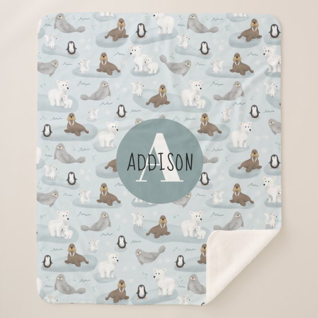 Couverture Sherpa Beau hiver Animaux arctiques Monogrammes Enfants (Devant)