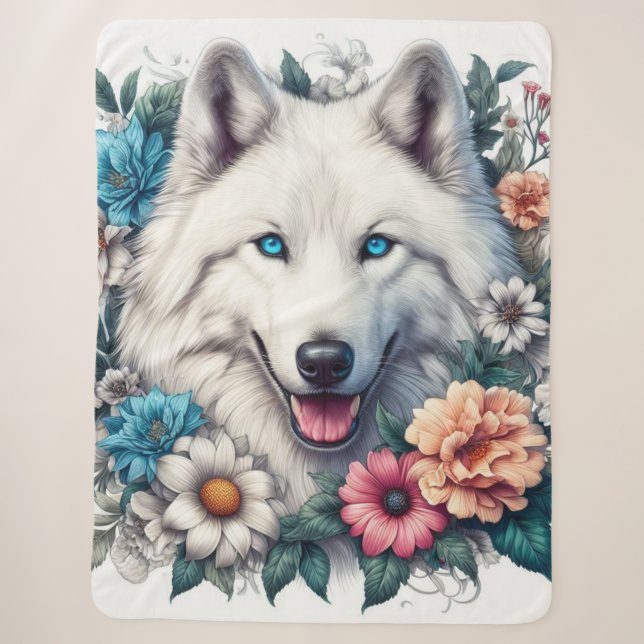 Couverture Sherpa Beau Loup Blanc Chien avec des Fleurs  (Devant)