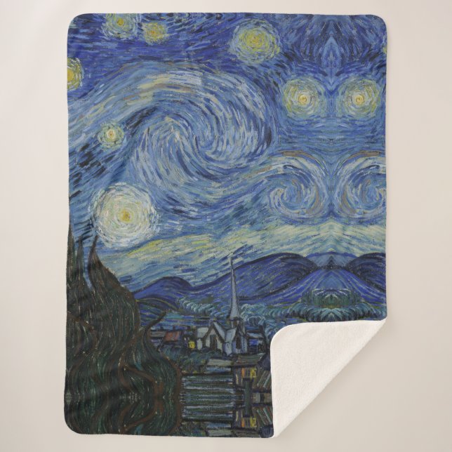 Couverture Sherpa Beau paysage Bleu nuit Ciel d'or étoiles (Devant)