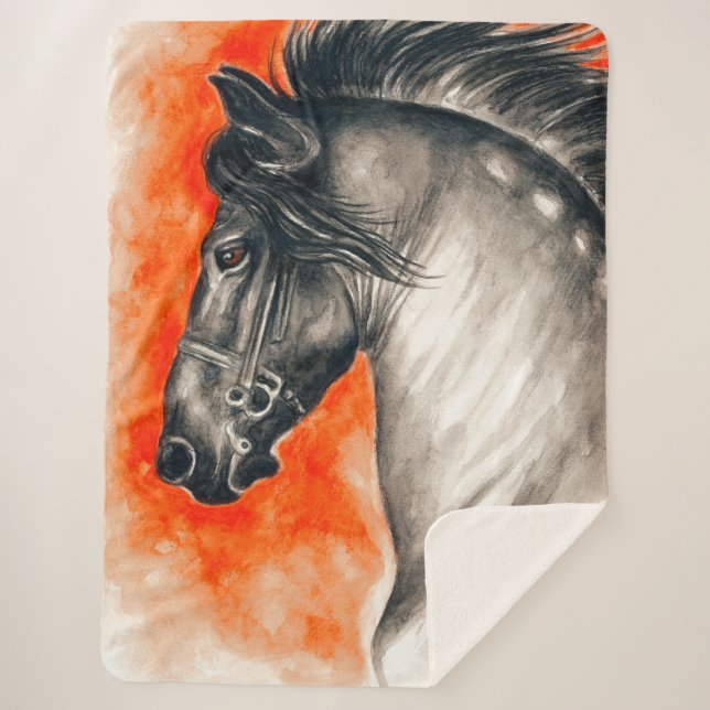 Couverture Sherpa Beauté friésienne Cheval Noir Aquarelle Art (Devant)
