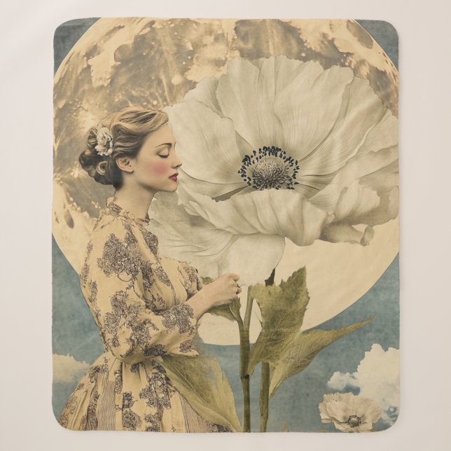 Couverture Sherpa Beauté Lune - Femme avec Fleur Blanche et Lune (Devant)