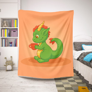 Couverture Sherpa Bébé dragon mignon tenant une tasse sur orange