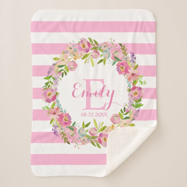 Couverture Sherpa Bébé floral de crèche de fille de rayures (Devant)