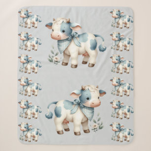 Couverture Sherpa Bébé Vache Gingham Bleu Pastel Esthétique Ferme