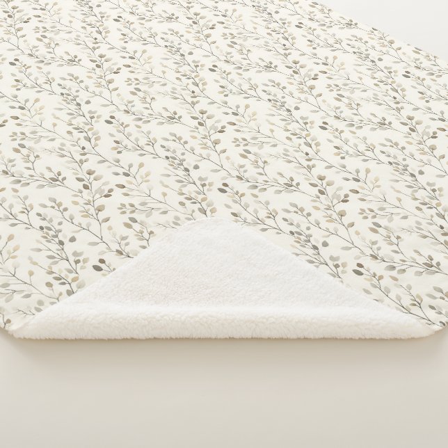 Couverture Sherpa Beige Crème Gris Marron Feuilles Botaniques Neutre (3/4)