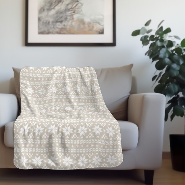 Couverture Sherpa Beige et blanc Fair Isle Imprimer | Décor de vacan (Créateur téléchargé)