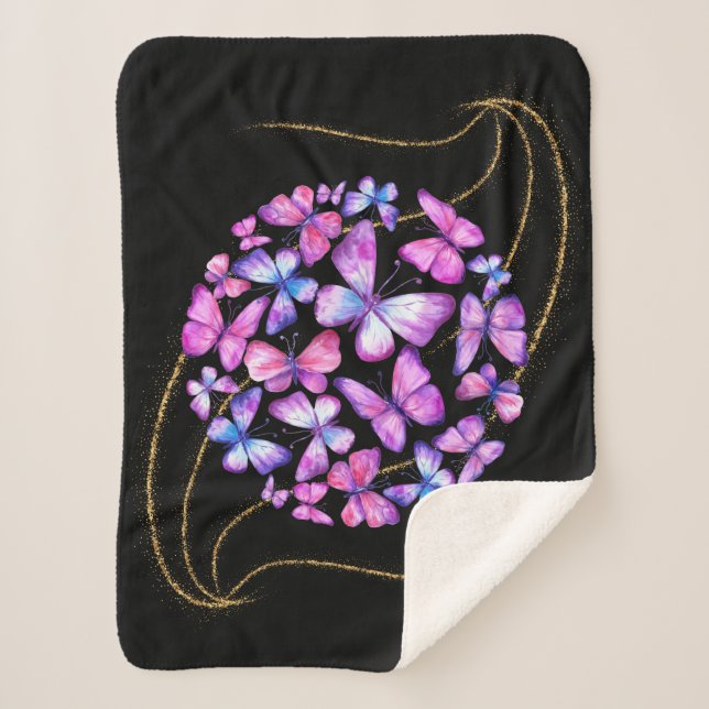 Couverture Sherpa Belle Aquarelle Papillons avec Boule d'Or (Devant)