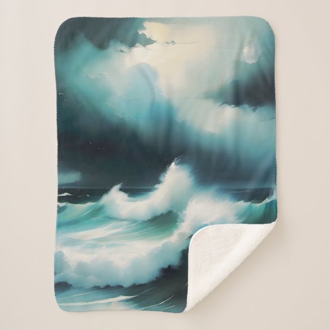 Couverture Sherpa Belle peinture de vagues de l'Océan Bleu (Devant)