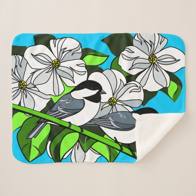 Couverture Sherpa Bickadee Parmi Les Fleurs De Dogwood (Devant (Horizontal))