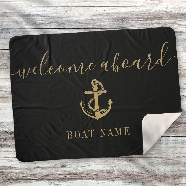 Couverture Sherpa Bienvenue À Bord Noir Et Or Ancre Nom Du Bateau (Welcome Aboard Black And Gold Anchor Boat Name Sherpa Blanket)