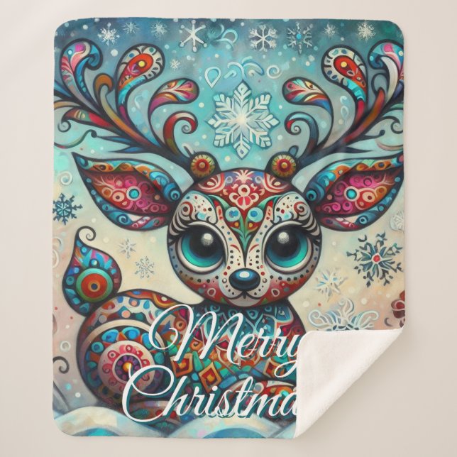 Couverture Sherpa Big Eye Christmas Reindeer Folk Art Personalized (Devant)