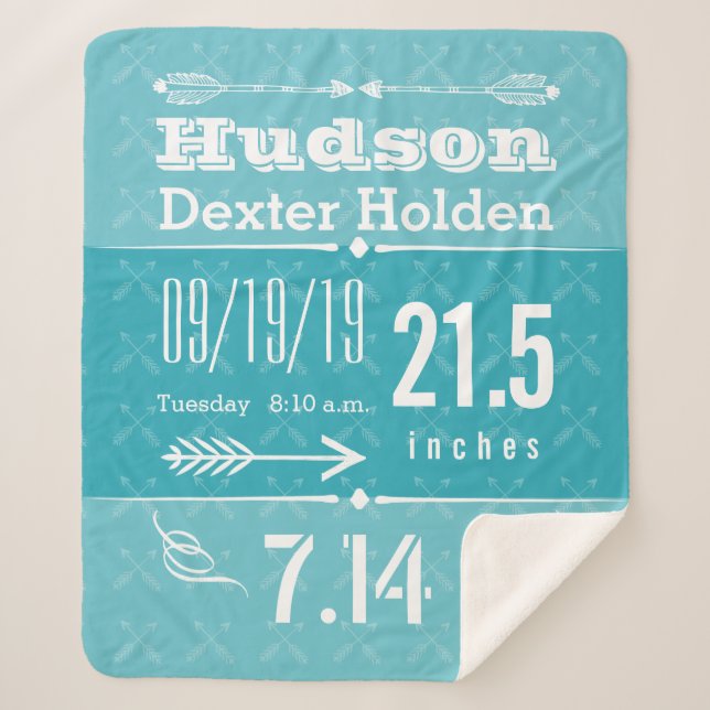 Couverture Sherpa Birth Record Baby Boy Birth Stats Turquoise Blue (Devant)