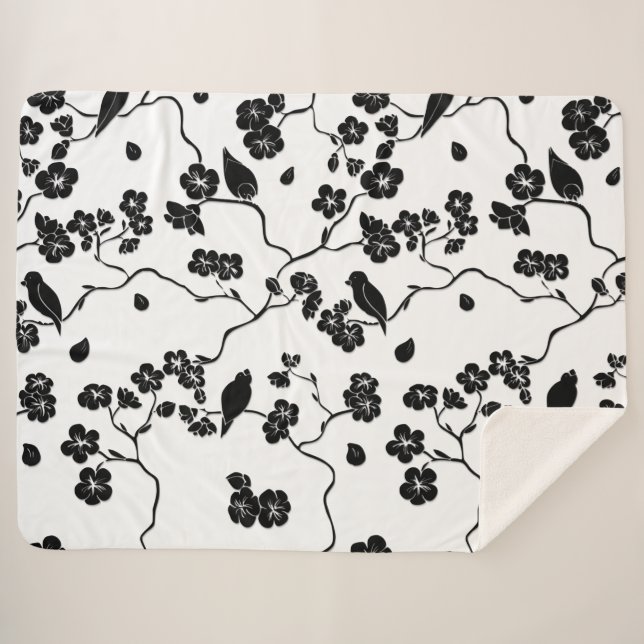 Couverture Sherpa Black and White Pattern Birds on Cherry Blossoms (Devant (Horizontal))