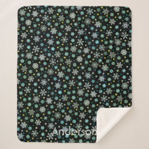 Couverture Sherpa Black Modern Chic Élégant Snowflakes Nom personnal