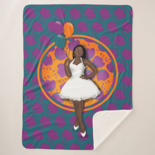 Couverture Sherpa Black Woman Ballons colorés Motif de fleurs Turquo
