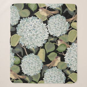 Couverture Sherpa Blanc, bleu clair Hortensia avec feuilles verts et
