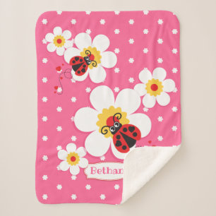 Couverture Sherpa Blanc personnalisé de rose de coccinelles de