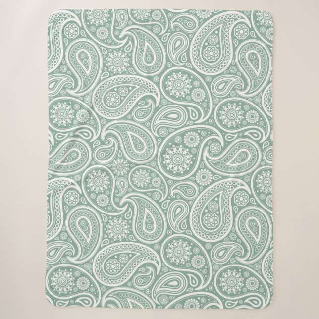 Couverture Sherpa Blanc Vintage Paisley Motif Muet Vert (Devant)