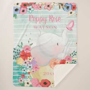 Couverture Sherpa Blanche Sherpa Elephant avec Fleurs + Nom personna