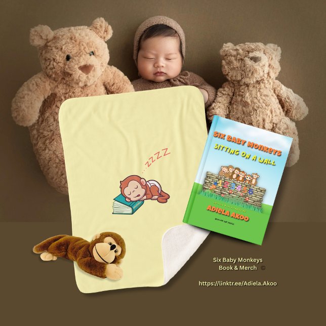 Couverture Sherpa Blanche-singe dormant bébé par Adiela Akoo (Six Baby Monkeys book & sleeping monkey sherpa blanket by Adiela Akoo - a great gift combo. BUY NOW!)