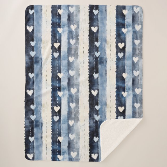 Couverture Sherpa Bleu Blanc Denim Coeur rayures (Devant)