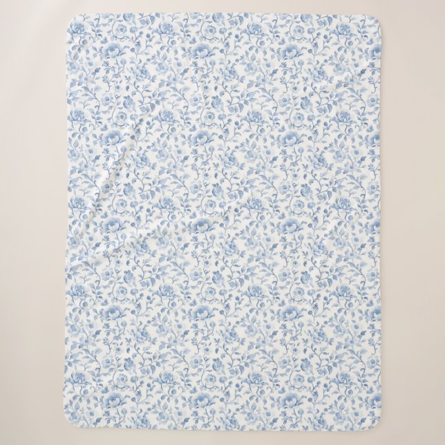 Couverture Sherpa Bleu blanc floral romantique  (Devant)