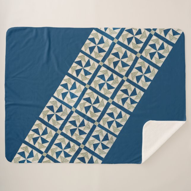 Couverture Sherpa Bleu + Blanc Pinwheel Quilt Motif contemporain (Devant (Horizontal))