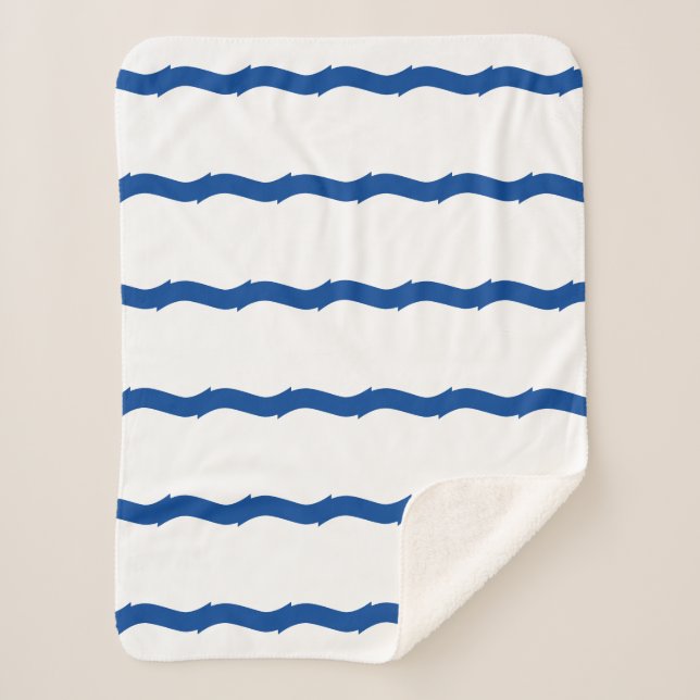 Couverture Sherpa Bleu blanc vagues rayures motif nautique (Devant)