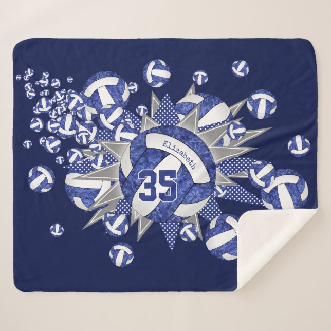 Couverture Sherpa bleu blanc volleballs stars filles nom personnalis (Devant (Horizontal))