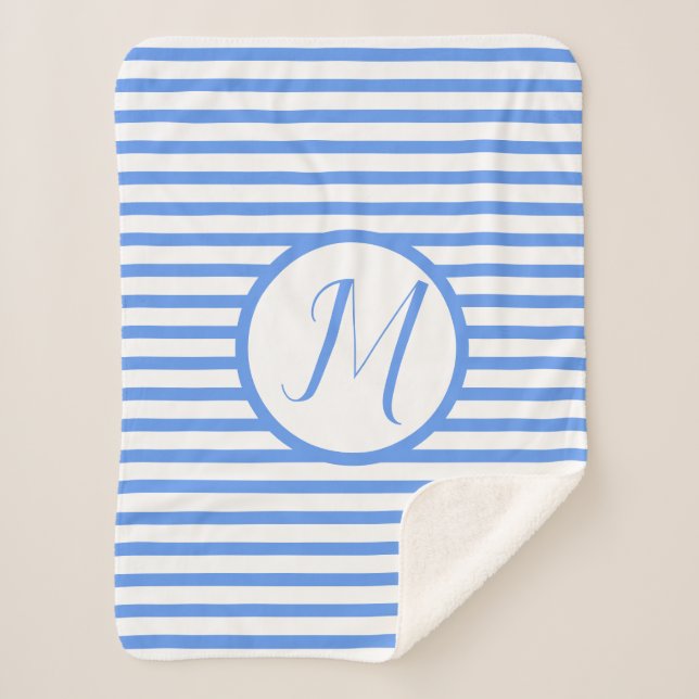 Couverture Sherpa Bleu Élégant Stripes M Monogramme Lance Blanche (Devant)