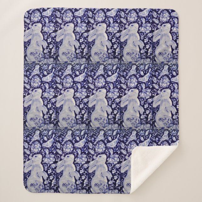 Couverture Sherpa Bleu et blanc Lapin Oiseau Bunny Floral Chinoiseri (Devant)