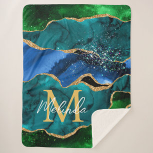 Couverture Sherpa Bleu et vert Peacock Faux Parties scintillant Agat