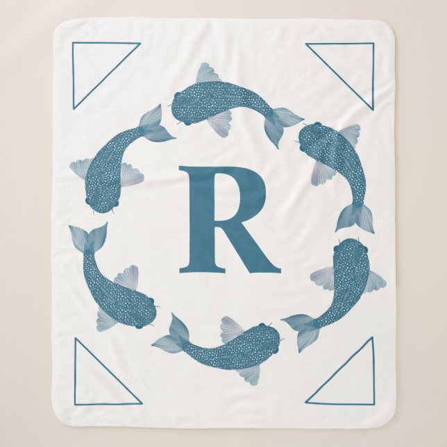Couverture Sherpa Bleu Koi poisson entourant un monogramme initial (Devant)