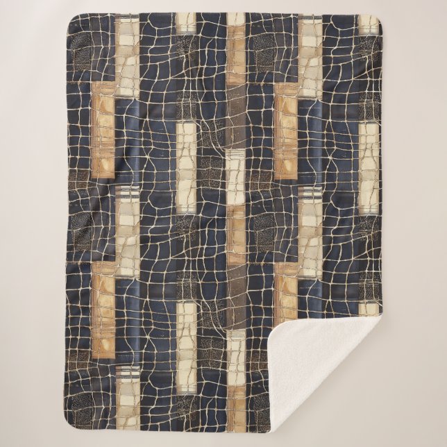 Couverture Sherpa Bleu marine rectangles marrons crème (Devant)