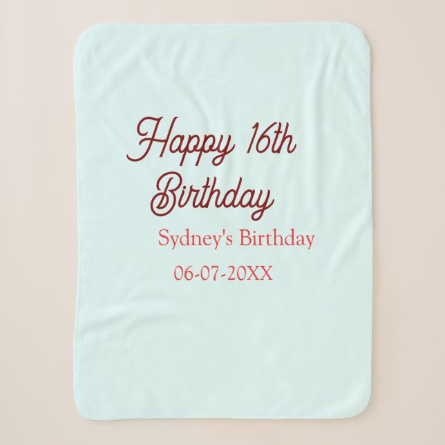 Couverture Sherpa Bleu pastel rouge joyeux 16e anniversaire nom date (Devant)