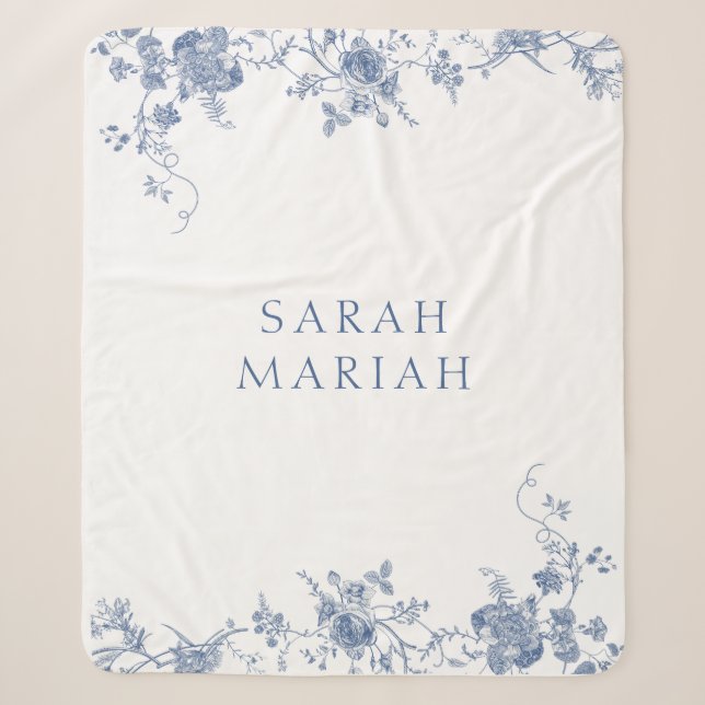 Couverture Sherpa Bleu Poussiéreux & Toile Florale Blanche Nom Perso (Devant)