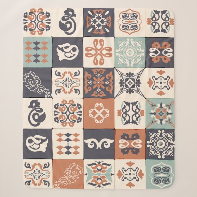 Couverture Sherpa Bleu rétro, blanc et orange Azulejos Motif Lisb (Devant)