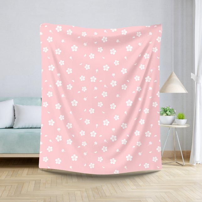 Couverture Sherpa Blossoms blancs sur Motif rose bébé (Créateur téléchargé)
