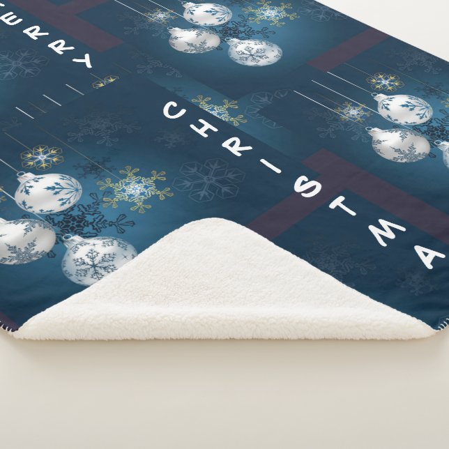 Couverture Sherpa Blue and Silver Ornament Merry Christmas Blanket (3/4)