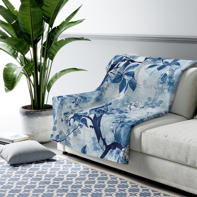 Couverture Sherpa Blue Chinoiserie Sherpa Blanket Cadeau pour femmes (blue chinoiserie blanket, French toile blanket, Asian French toile sherpa, birthday gift for her,)