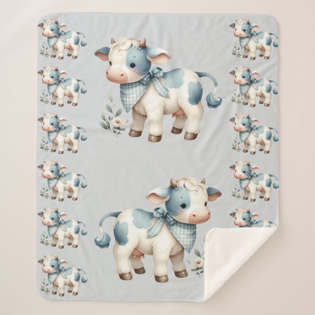 Couverture Sherpa Blue Gingham Baby Cow Pastel Farm Aesthetic (Devant)
