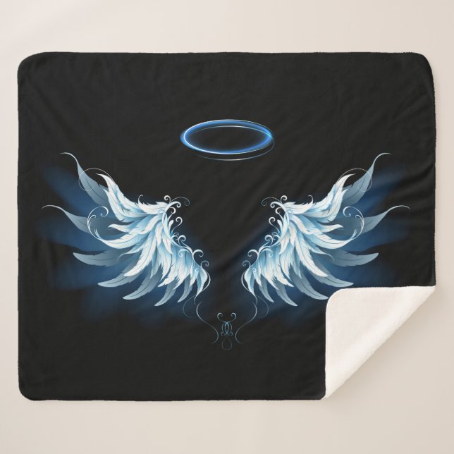 Couverture Sherpa Blue Glowing Angel Wings on black background (Devant (Horizontal))