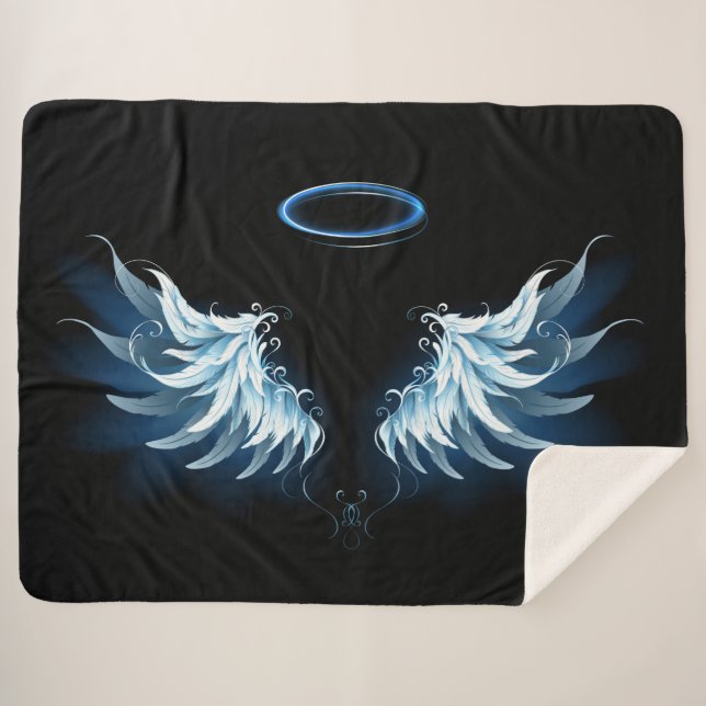 Couverture Sherpa Blue Glowing Angel Wings on black background (Devant (Horizontal))