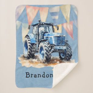 Couverture Sherpa Blue Watercolor Tractor Boy Baby shower Cadeau