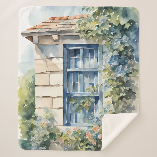 Couverture Sherpa Blue Window Stone Wall Cottage Vines (Devant)