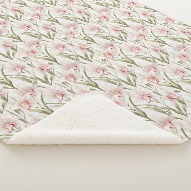 Couverture Sherpa Blush Pink & Sage Orchid Flowers Sherpa Blanket (3/4)